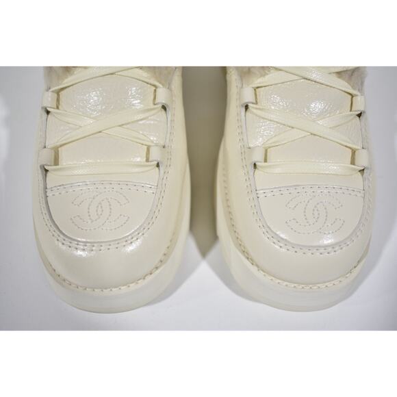 Chanel 21K Ivory Velvet Shearling Fur Brave CC Lace Up Tie Ankle Tall Boots 36 - Picture 6 of 12